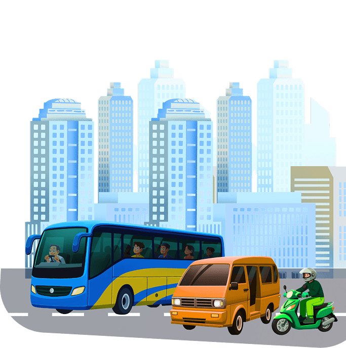 Ilustrasi bus, angkot, dan ojek di tengah kota